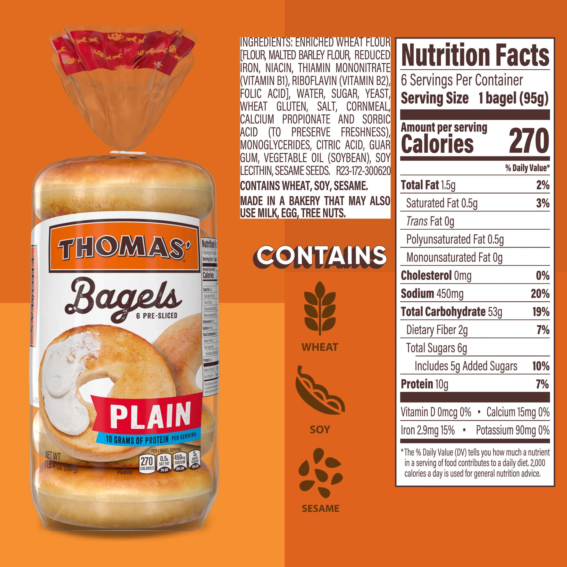 Thomas' Plain Bagels, 6 count, Pre-sliced Bagels, 20 oz Bag thumbnail 4