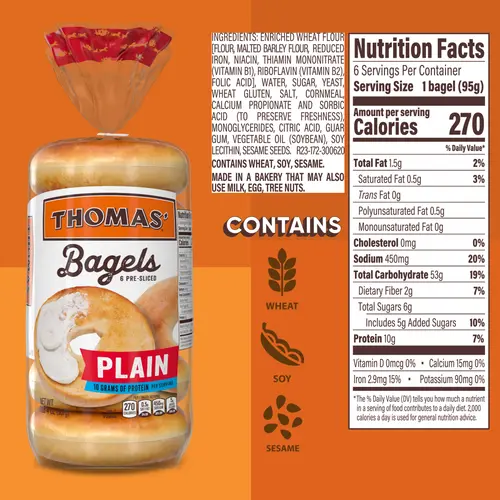 Thomas' Plain Bagels, 6 count, Pre-sliced Bagels, 20 oz Bag thumbnail 4