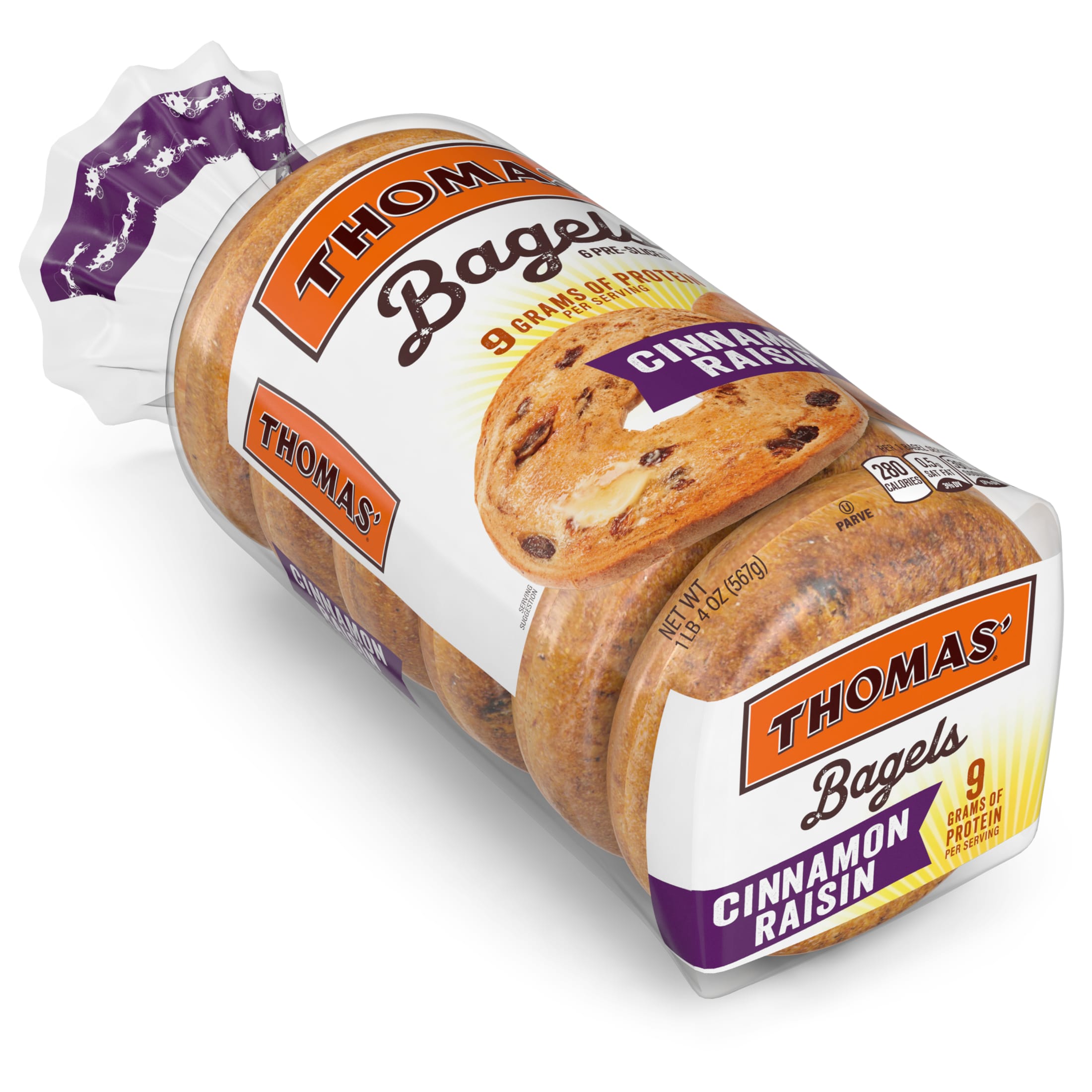 Thomas' Cinnamon Raisin Bagels, 6 count, Pre-sliced Bagels, 20 oz Bag thumbnail 2
