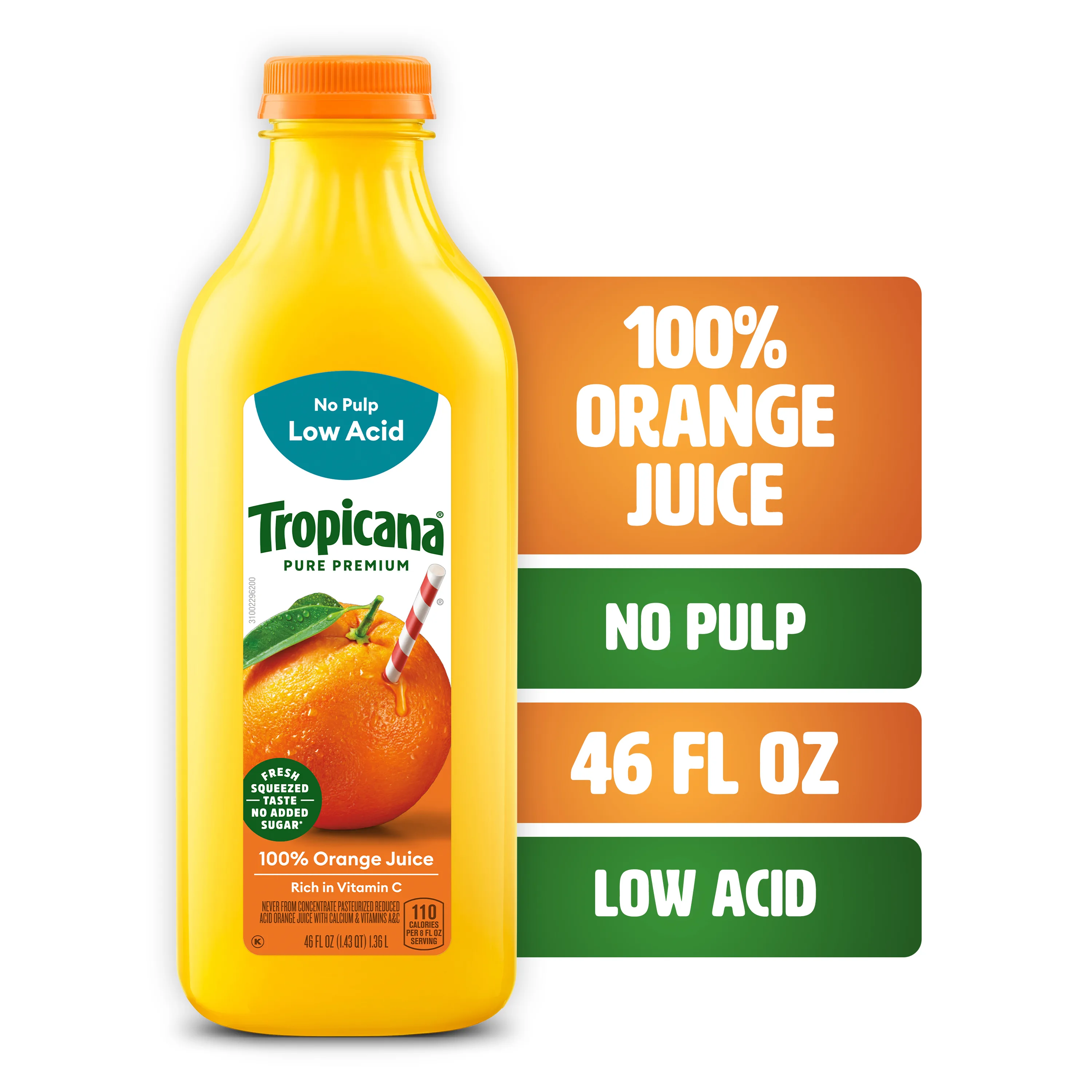 Tropicana Pure Premium 100% Original Orange Juice, Smooth Texture, No Pulp, Low Acid, 46 Fl Oz Bottle