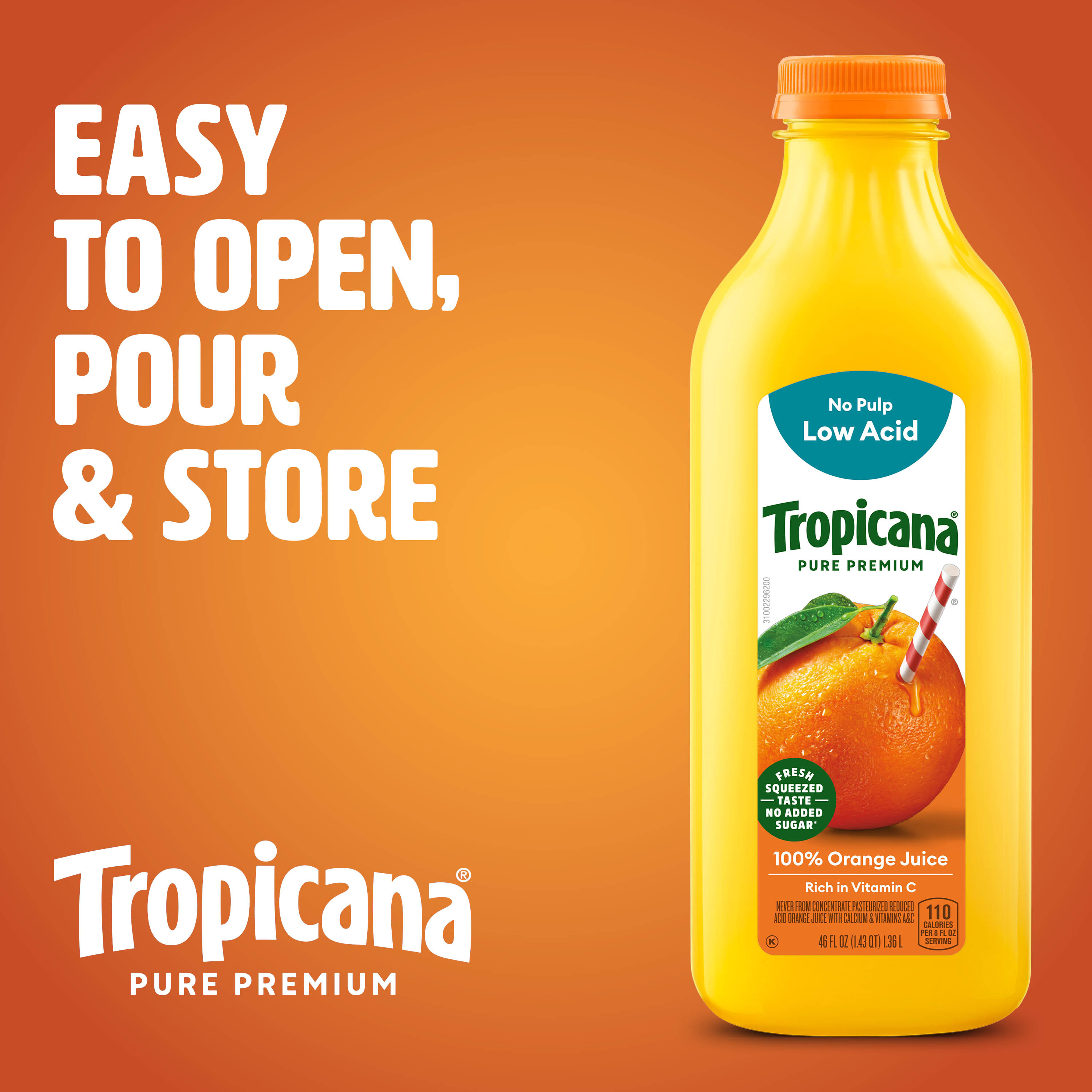 Tropicana Pure Premium 100% Original Orange Juice, Smooth Texture, No Pulp, Low Acid, 46 Fl Oz Bottle thumbnail 2
