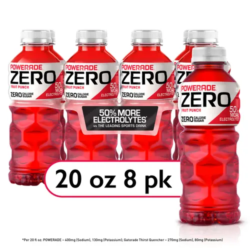 POWERADE Zero Sugar Fruit Punch Electrolyte Sports Drink, 20 fl oz, 8 Pack Bottles