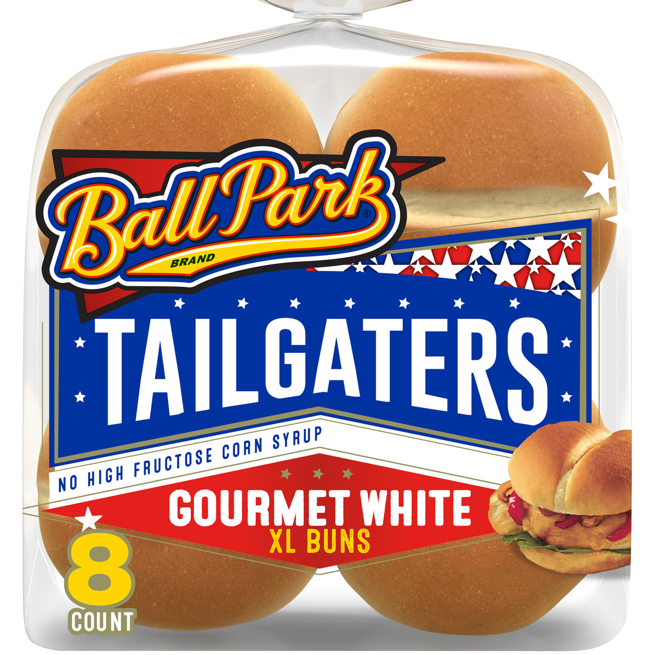 Ball Park Tailgaters Gourmet Extra Large Buns, 8 count, White Hamburger Buns, 21 oz Bag