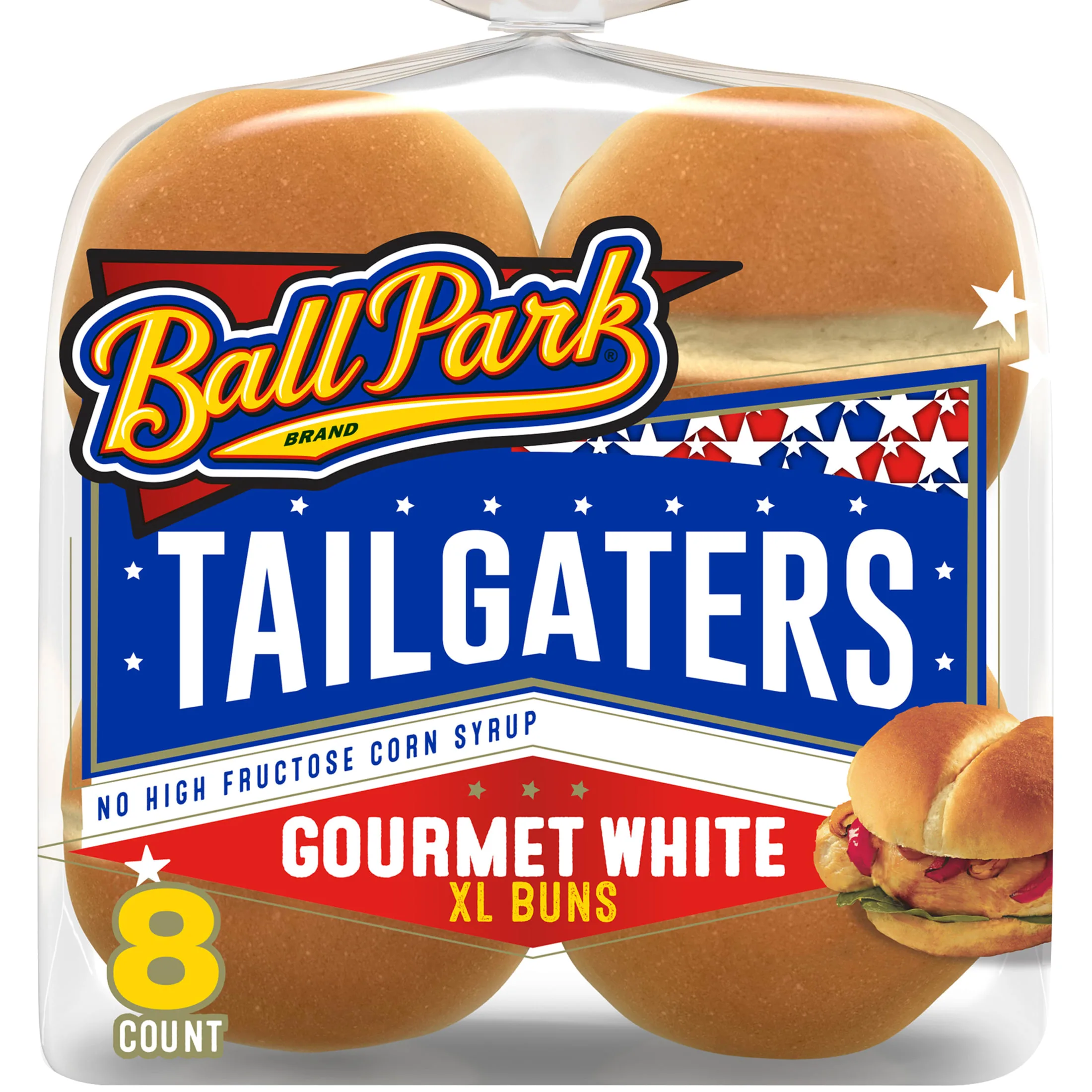 Ball Park Tailgaters Gourmet Extra Large Buns, 8 count, White Hamburger Buns, 21 oz Bag