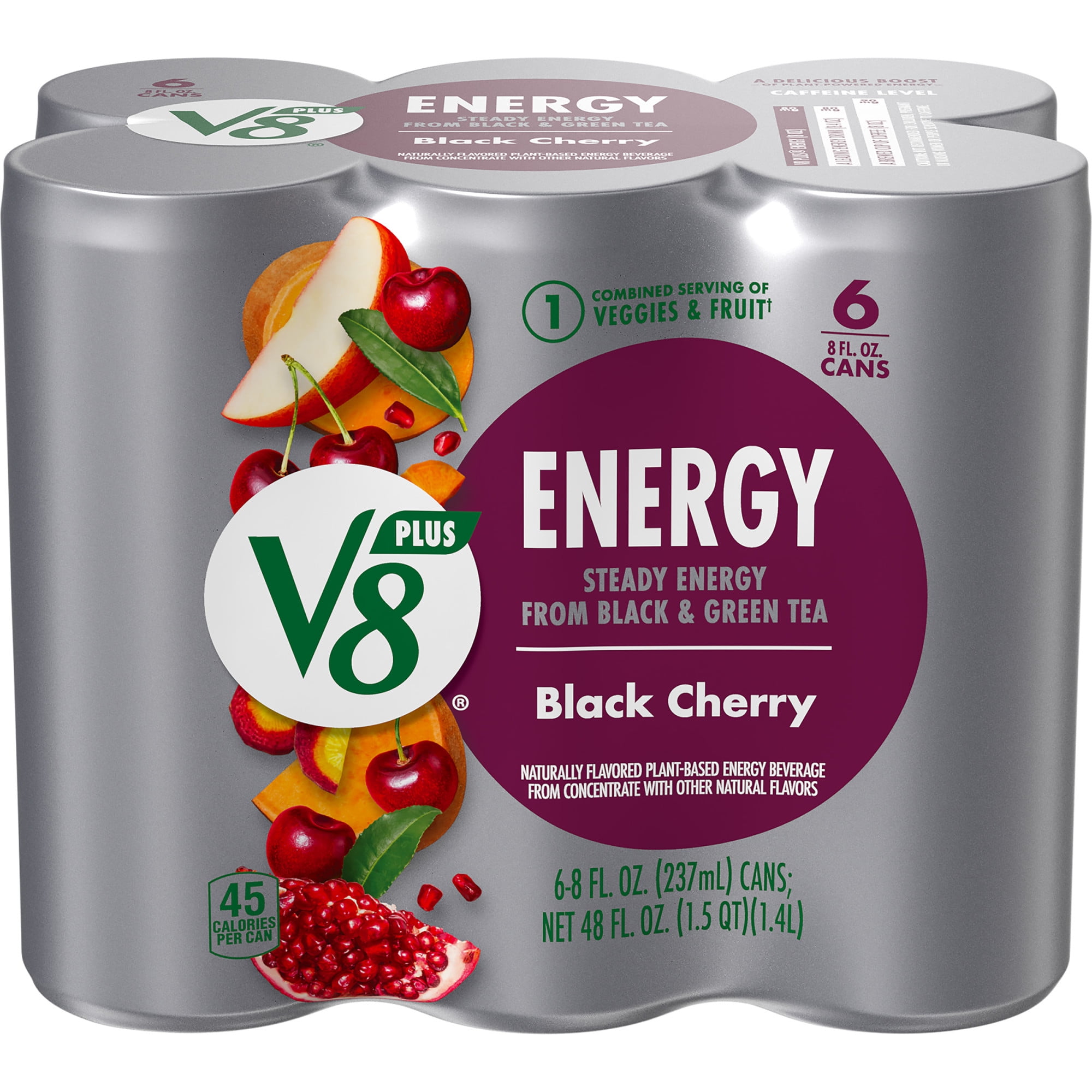 V8 +Energy Black Cherry Juice Energy Drink, 8 fl oz Can, 6 Count