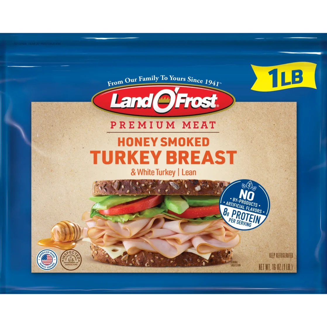 Land O'Frost Premium Sandwich Sliced Deli Lunch Meat, Honey Smoked Turkey Breast, 1 lb Resealable Pouch