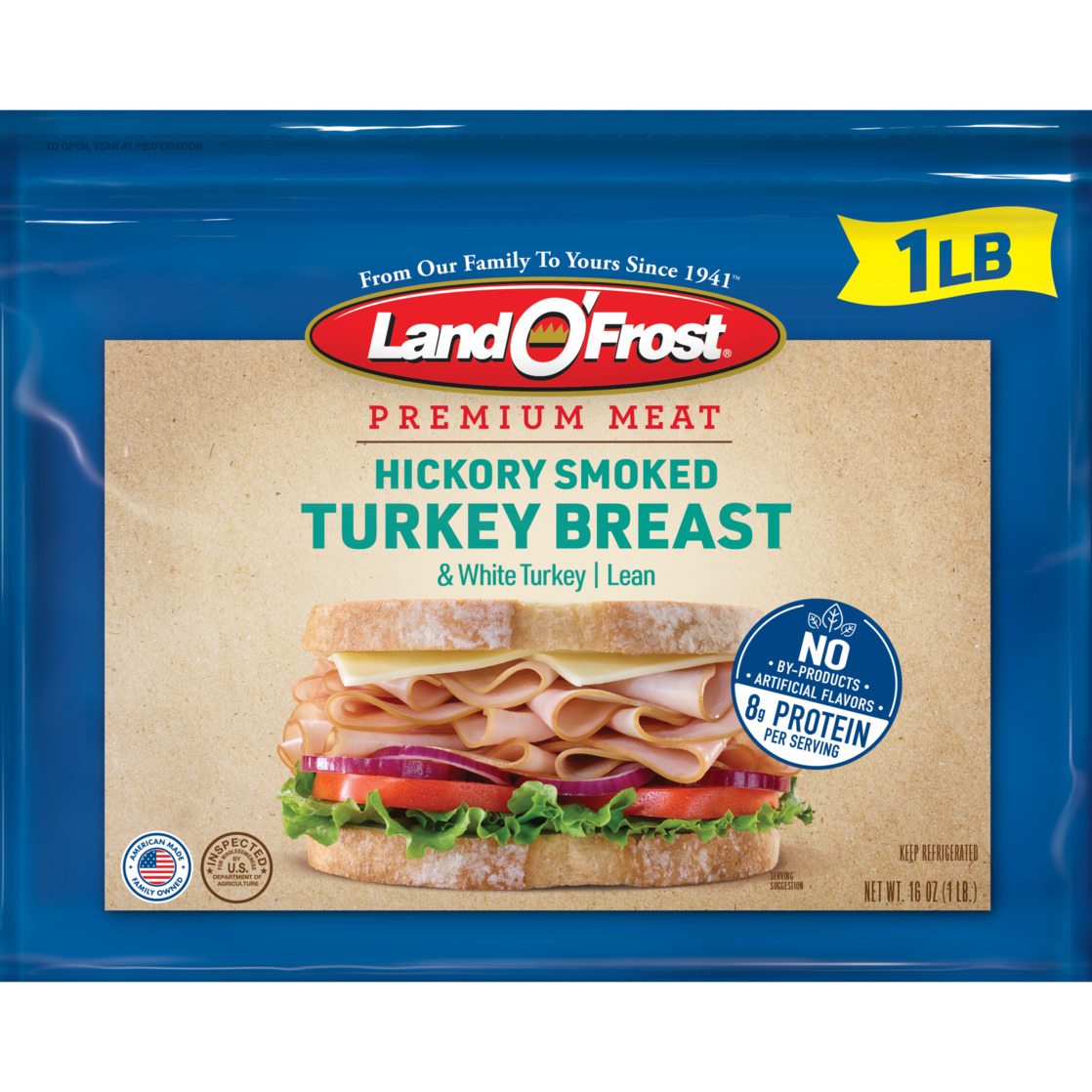 Land O'Frost Premium Sandwich Sliced Deli Lunch Meat, Hickory Smoked Turkey Breast, 1 lb Resealable Pouch