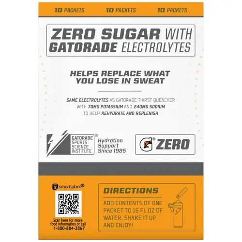 Gatorade G Zero Sugar Orange Sports Drink Mix Powder, 10 Count Packets thumbnail 2