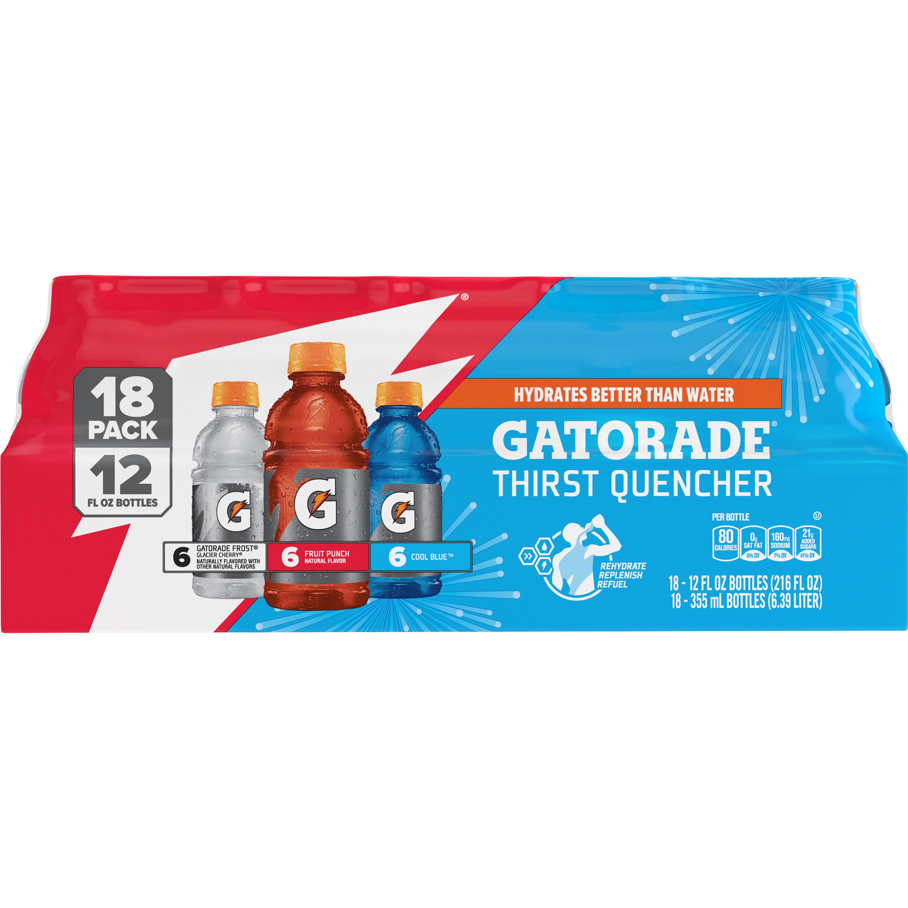 Gatorade Sports Drink, Fruit Punch/Glacier Cherry/Cool Blue Variety Pack, 12 fl oz, 18 Count Bottles
