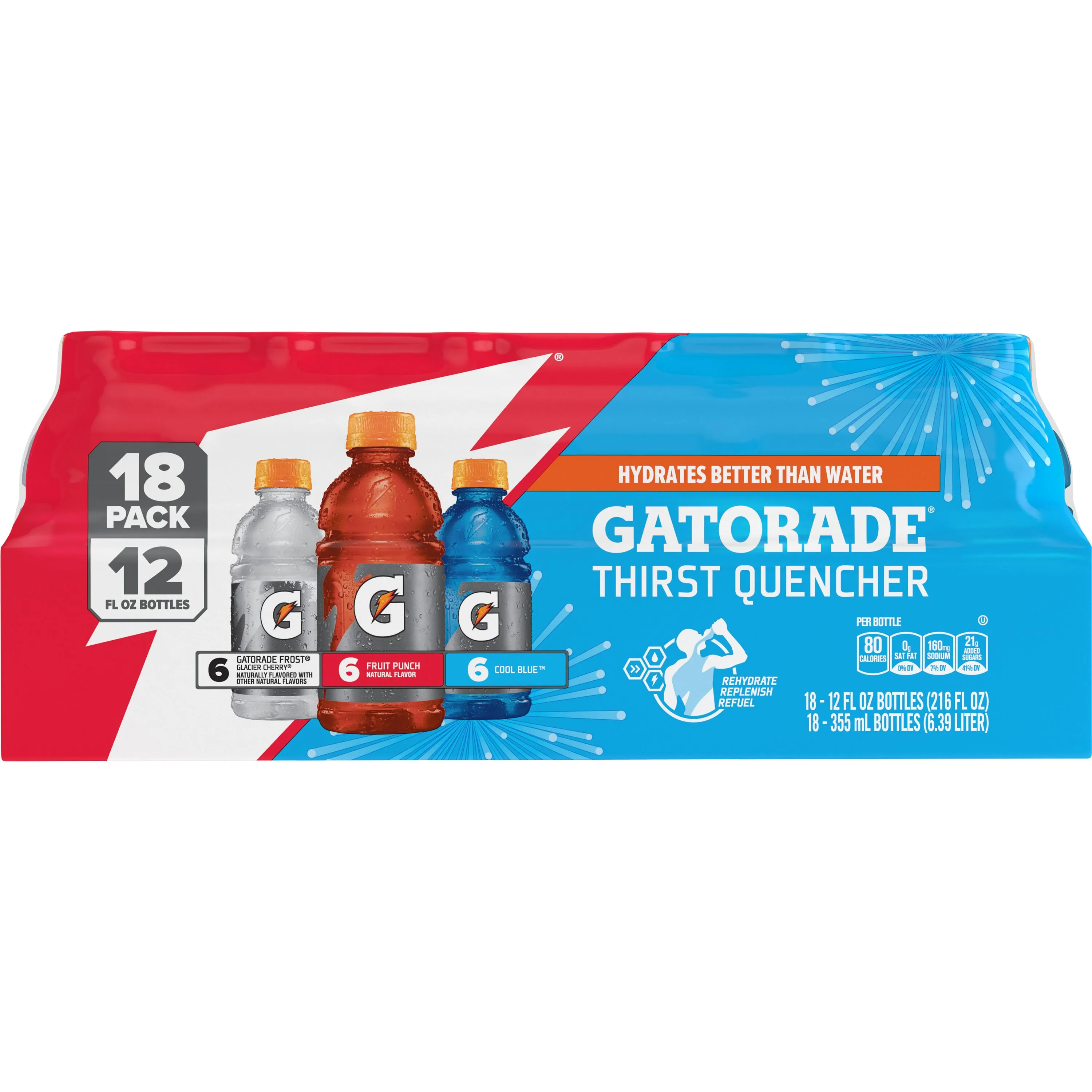 Gatorade Sports Drink, Fruit Punch/Glacier Cherry/Cool Blue Variety Pack, 12 fl oz, 18 Count Bottles