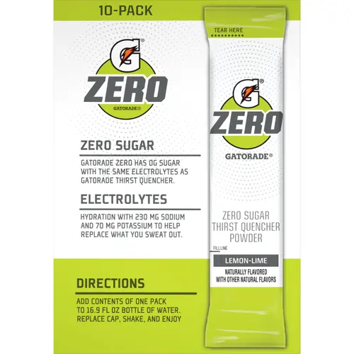 Gatorade G Zero Sugar Lemon Lime Sports Drink Mix Powder, 10 Count Packets thumbnail 3