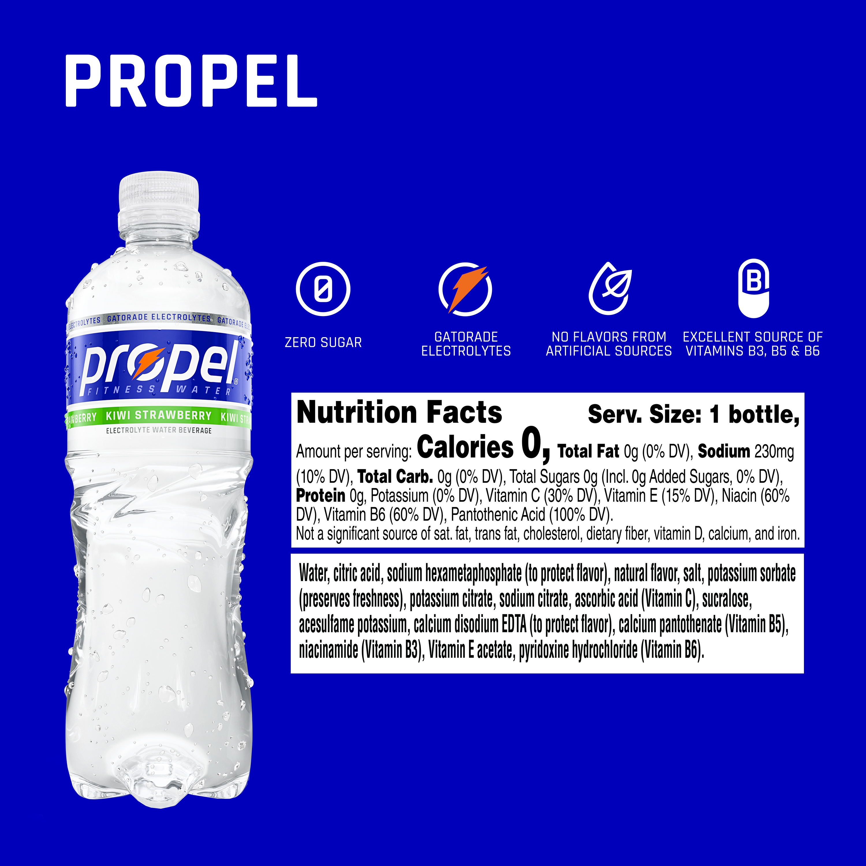 Propel Flavored Water with Electrolytes, Kiwi Strawberry, 16.9 fl oz, 12 Pack thumbnail 3