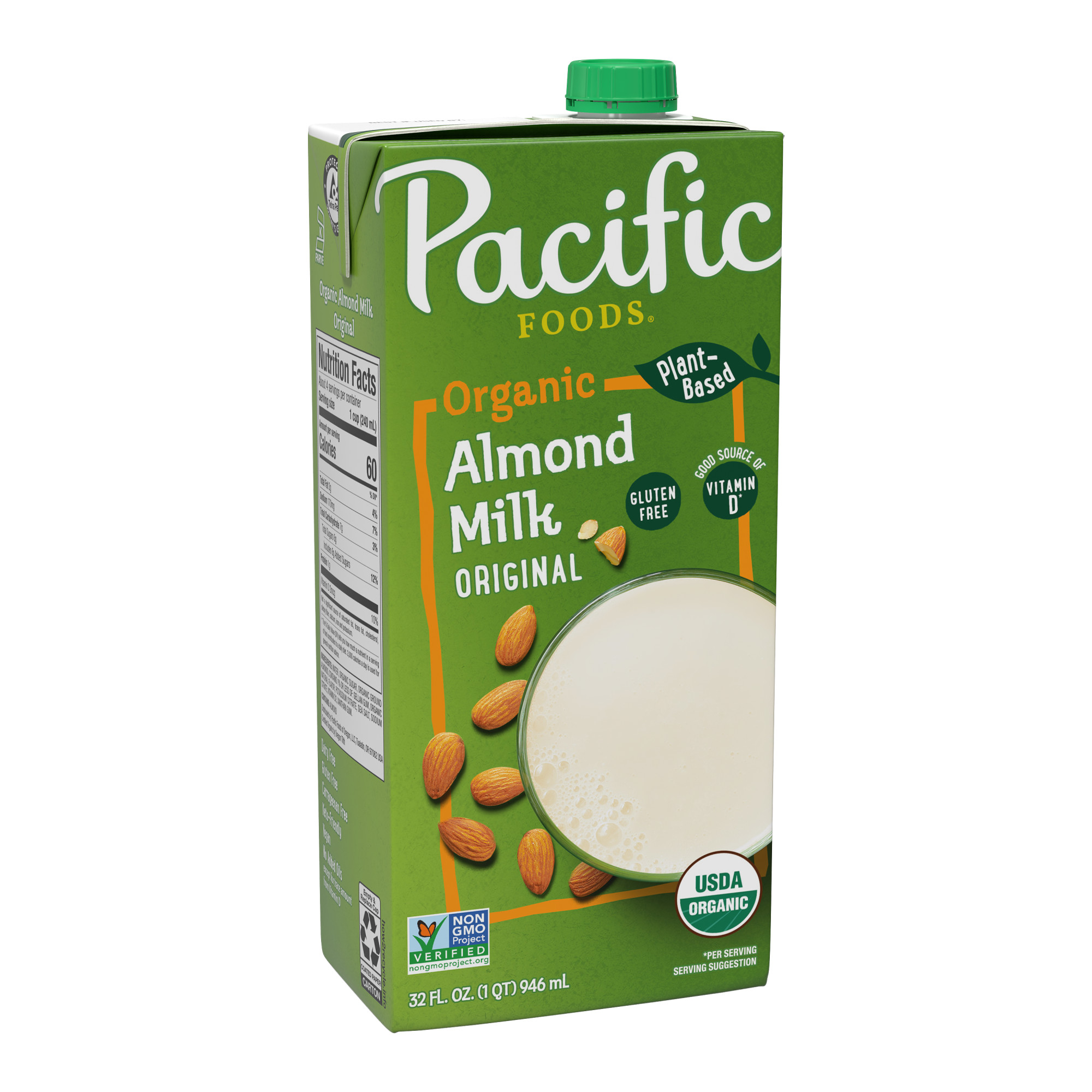 Pacific Foods Original Organic Almond Milk, Plant Based Milk, 32 oz Carton