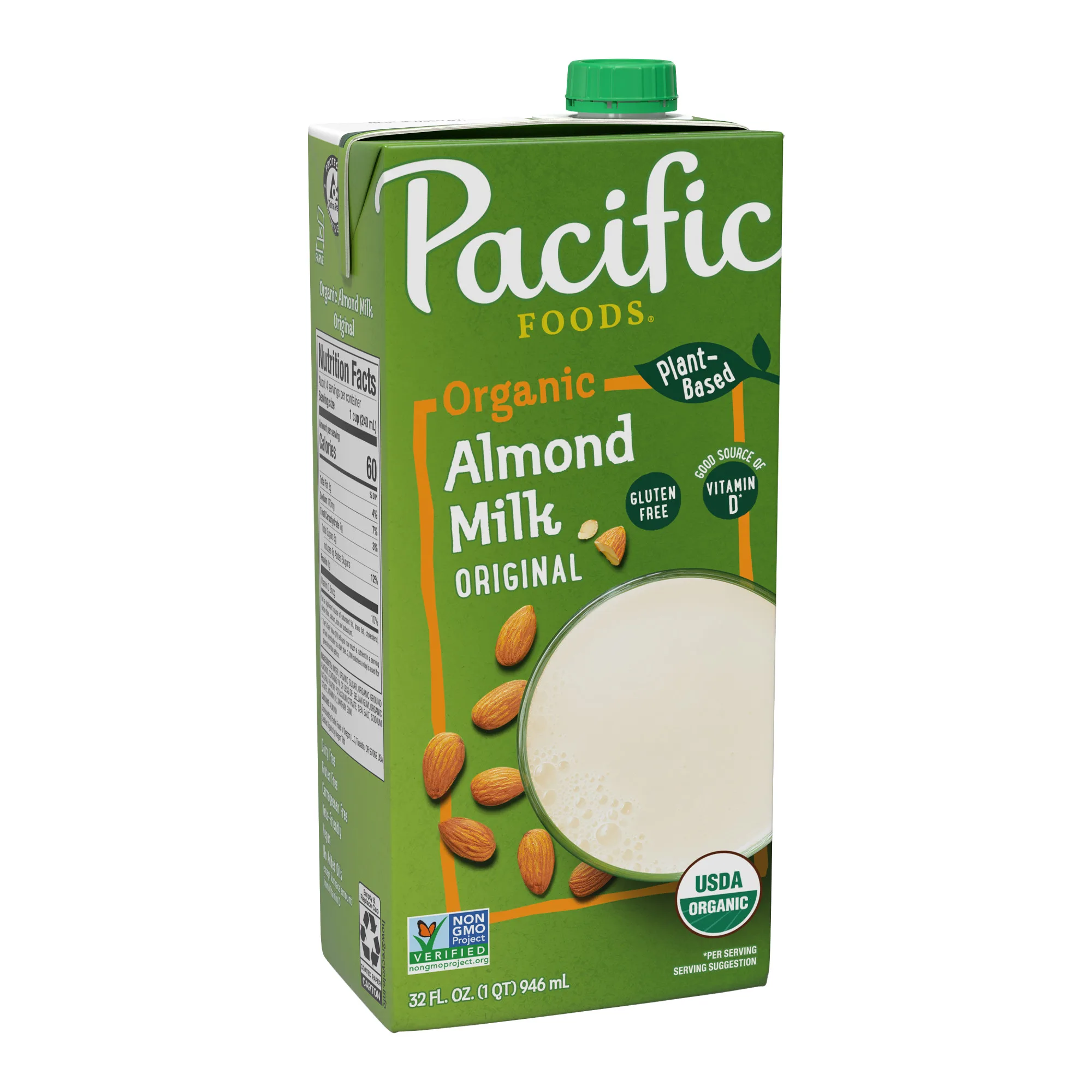 Pacific Foods Original Organic Almond Milk, Plant Based Milk, 32 oz Carton