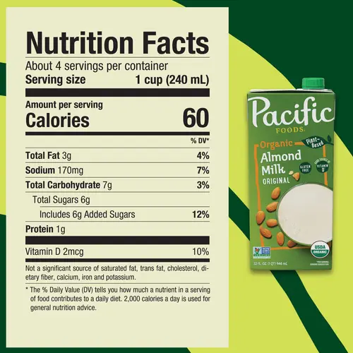 Pacific Foods Original Organic Almond Milk, Plant Based Milk, 32 oz Carton thumbnail 2