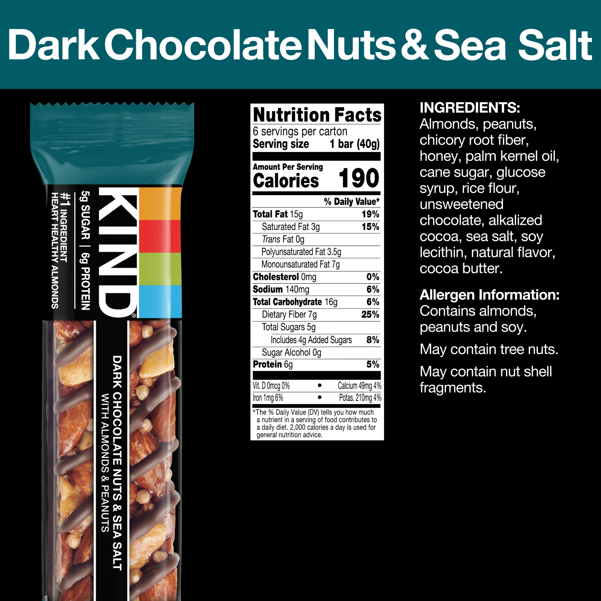 KIND Gluten Free Dark Chocolate Nuts & Sea Salt Snack Bars, 1.4 oz, 6 Count box thumbnail 2
