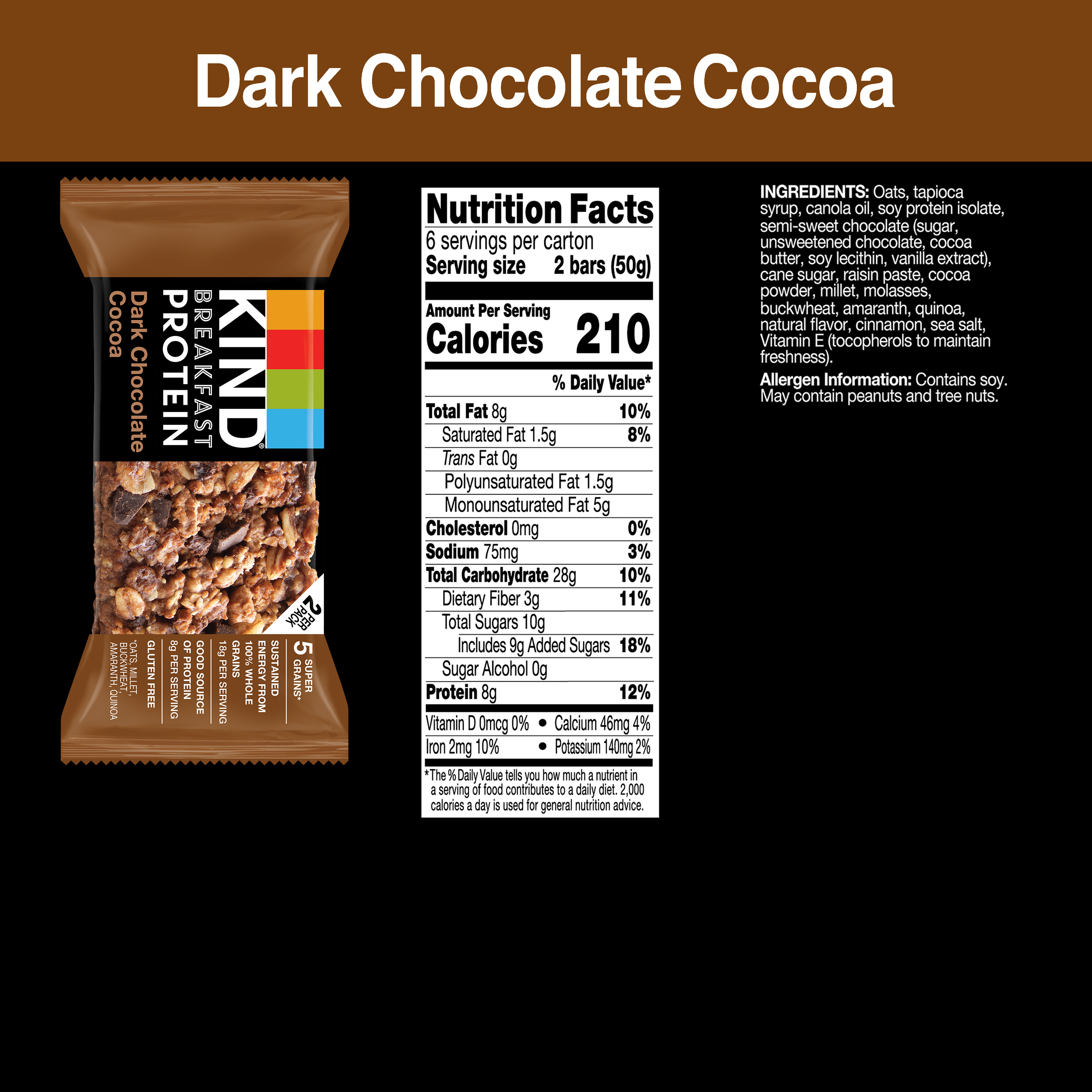 KIND Breakfast Gluten Free Dark Chocolate Cocoa Protein Snack Bars, 1.76 oz, 12 Count One Box thumbnail 2