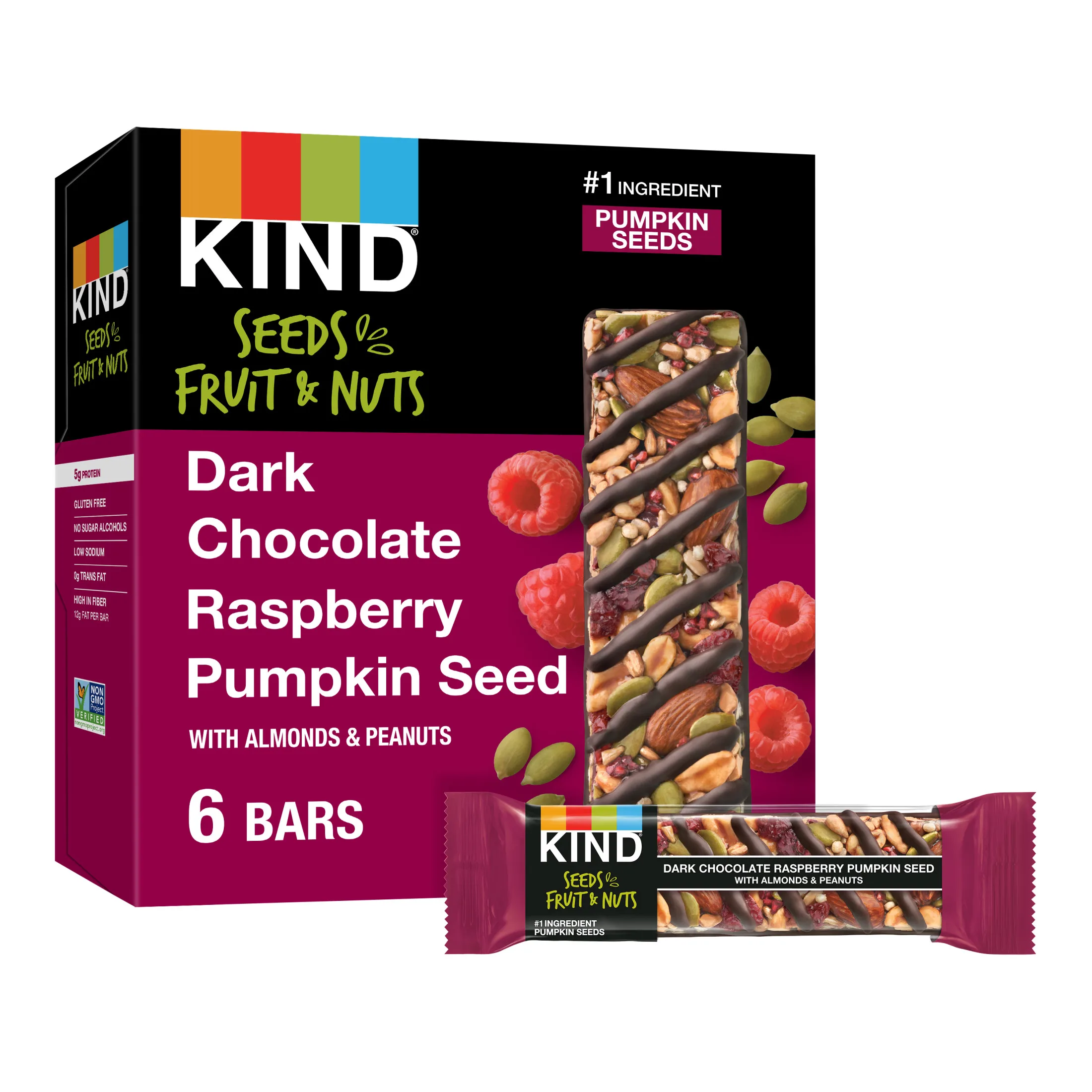 KIND Seeds Fruit & Nuts Snack Bar, Dark Chocolate Raspberry Pumpkin Seed, Gluten Free, 6 Count Box