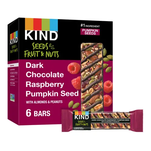 KIND Seeds Fruit & Nuts Snack Bar, Dark Chocolate Raspberry Pumpkin Seed, Gluten Free, 6 Count Box