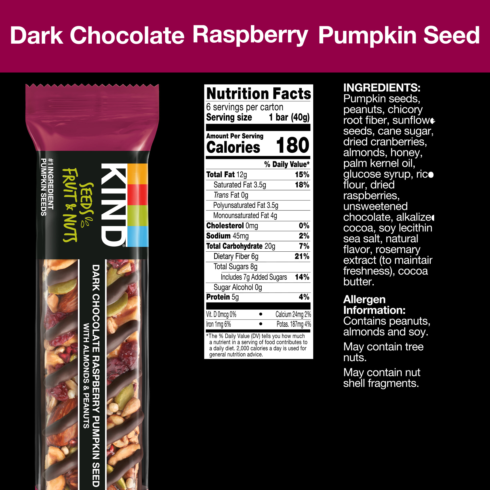 KIND Seeds Fruit & Nuts Snack Bar, Dark Chocolate Raspberry Pumpkin Seed, Gluten Free, 6 Count Box thumbnail 2