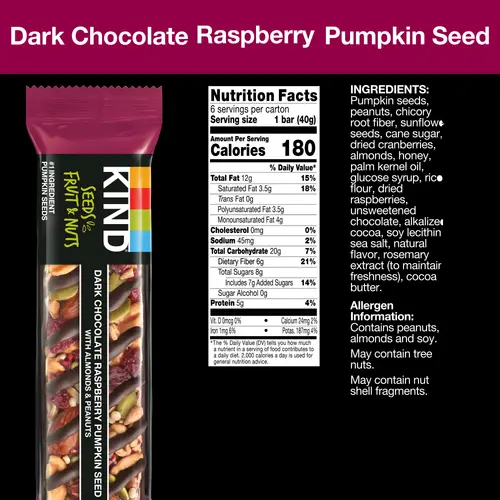 KIND Seeds Fruit & Nuts Snack Bar, Dark Chocolate Raspberry Pumpkin Seed, Gluten Free, 6 Count Box thumbnail 2