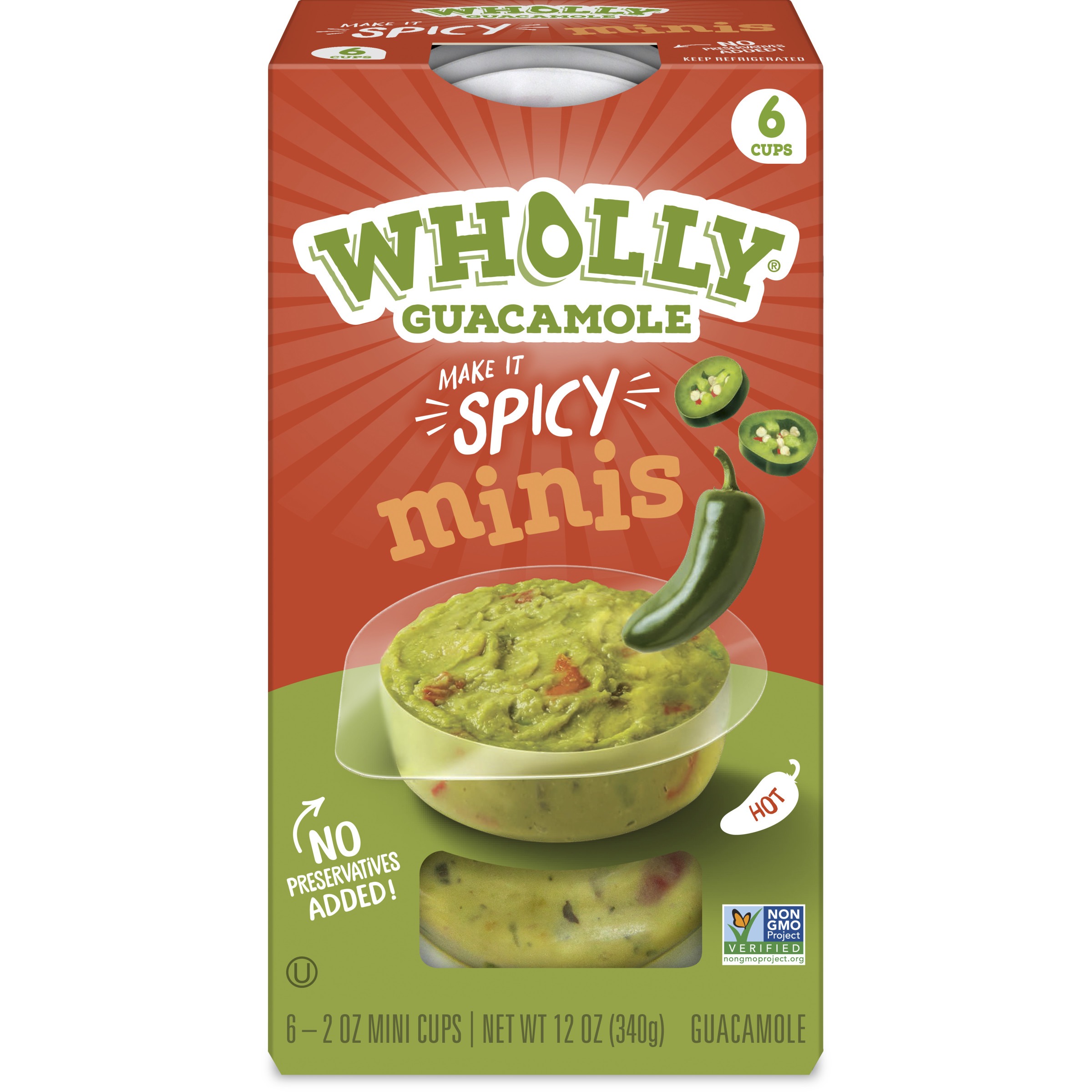 WHOLLY GUACAMOLE Minis, Spicy, Hass Avocados, Serving Size 57 g, 12oz 6 Cups