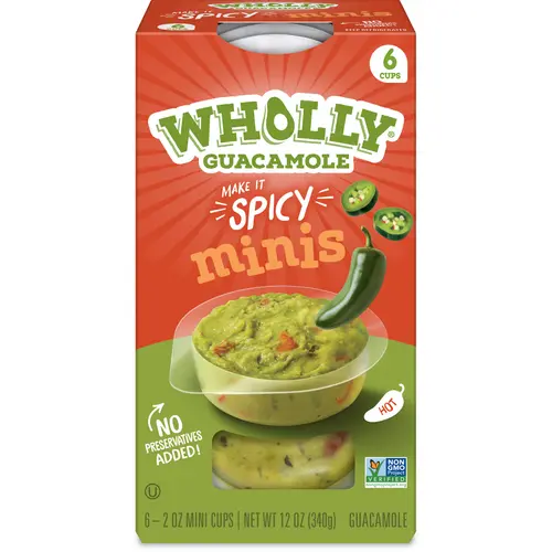 WHOLLY GUACAMOLE Minis, Spicy, Hass Avocados, Serving Size 57 g, 12oz 6 Cups