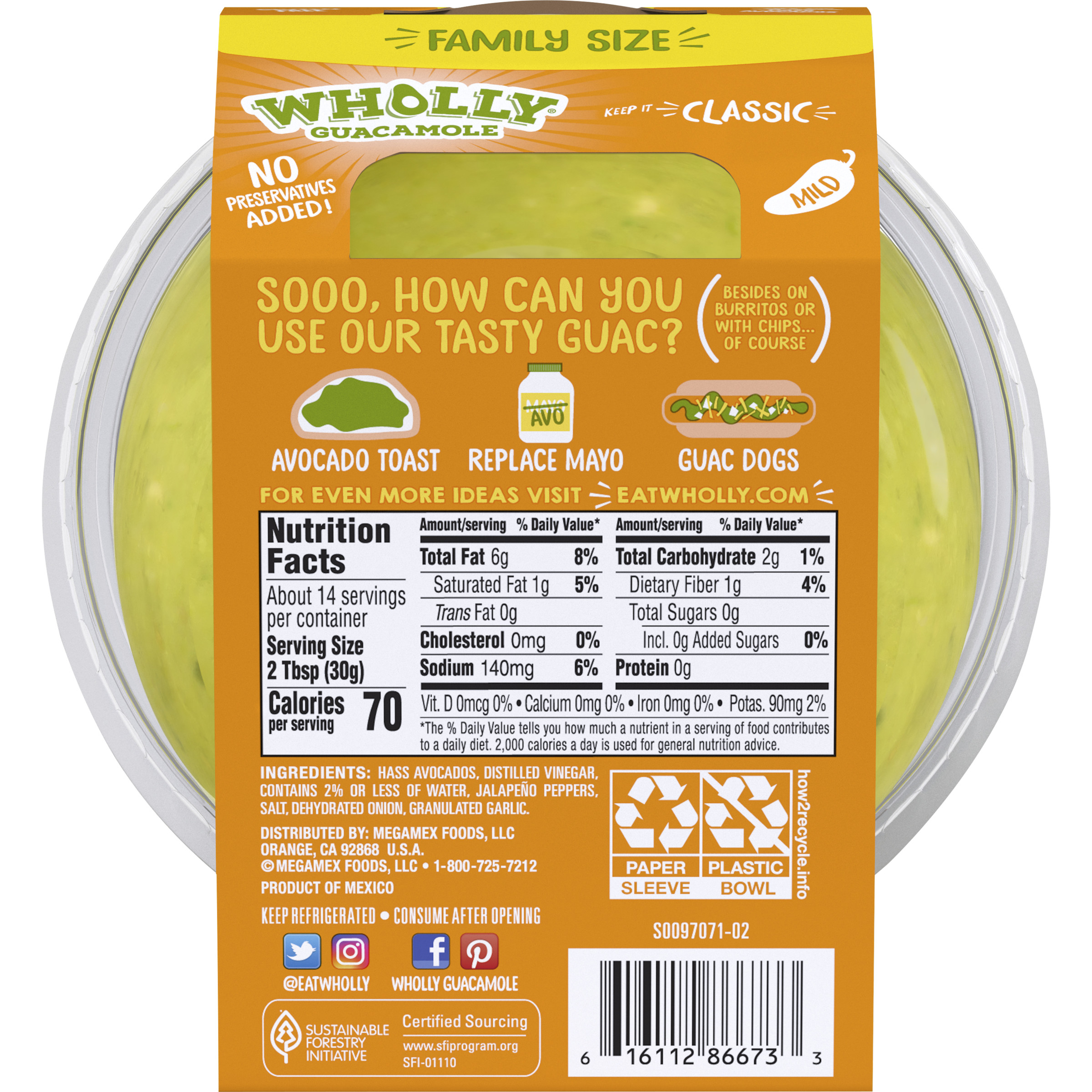 WHOLLY GUACAMOLE Classic Bowl Family Size, Hass Avocados, No preservatives added, 15 oz Tub thumbnail 3