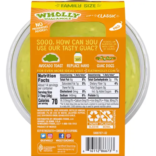 WHOLLY GUACAMOLE Classic Bowl Family Size, Hass Avocados, No preservatives added, 15 oz Tub thumbnail 3