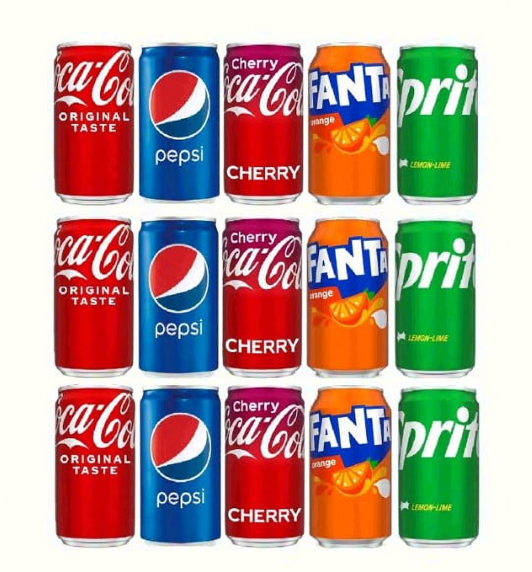 Assorted Soda Sofdrinks (Fanta, Sprite, Coke, Coke Cherry, and Pepsi Mini Cans) â€“ 7.5 oz Variety Pack (15 Pack)