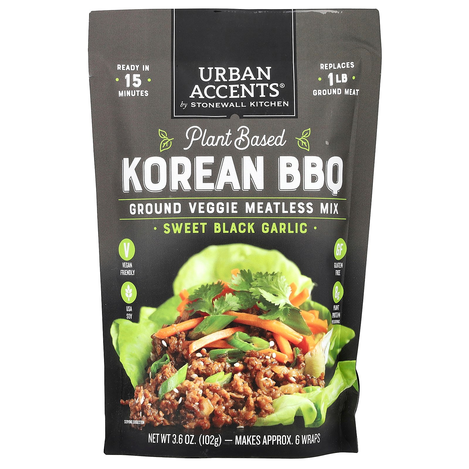 Urban Accents Plant Based Korean BBQ, Ground Veggie Meatless Mix,  Sweet Black Garlic, 3.6 oz (102 g)