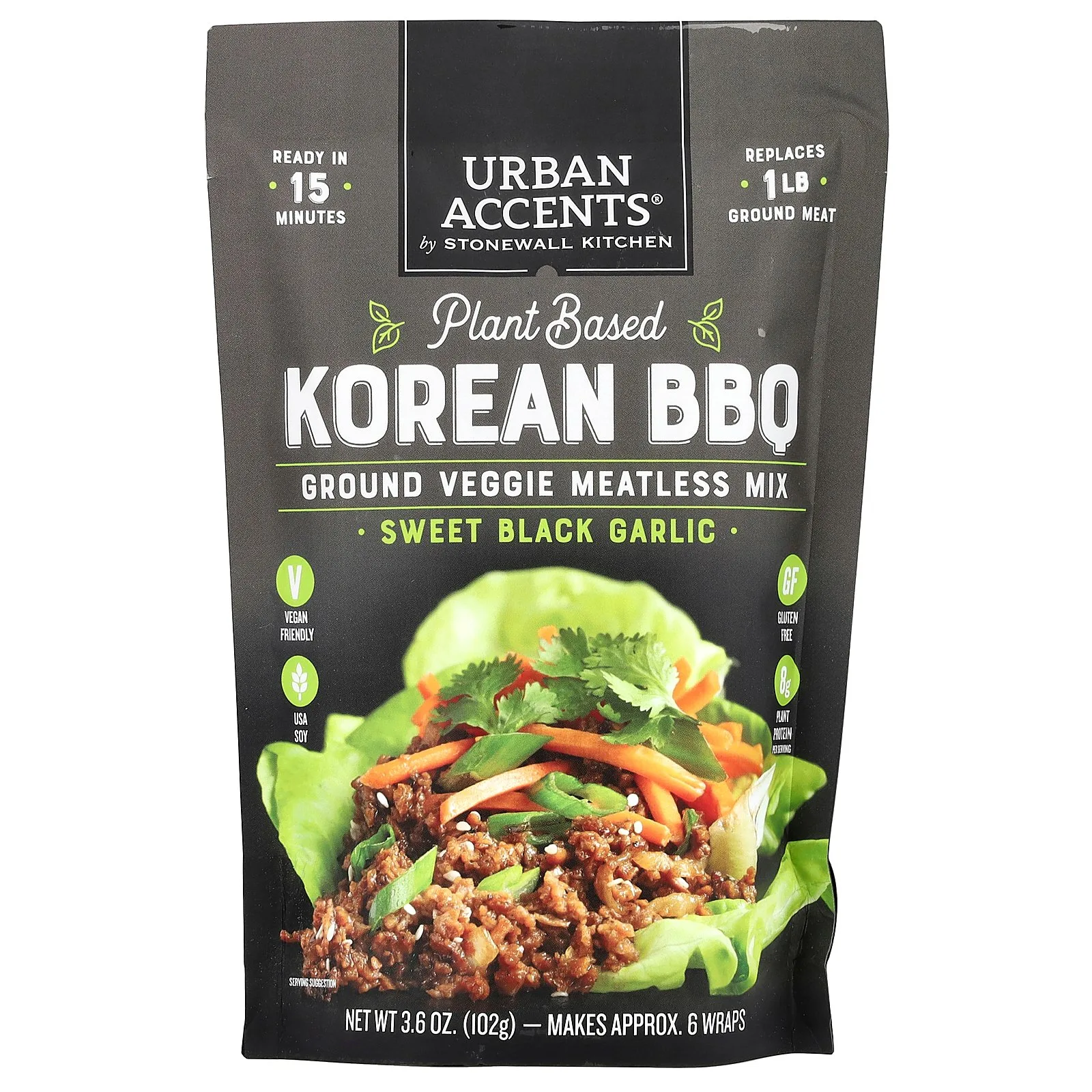 Urban Accents Plant Based Korean BBQ, Ground Veggie Meatless Mix,  Sweet Black Garlic, 3.6 oz (102 g)