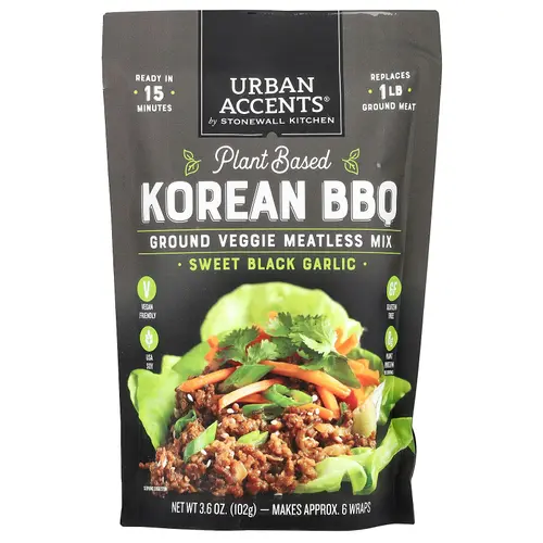 Urban Accents Plant Based Korean BBQ, Ground Veggie Meatless Mix,  Sweet Black Garlic, 3.6 oz (102 g)