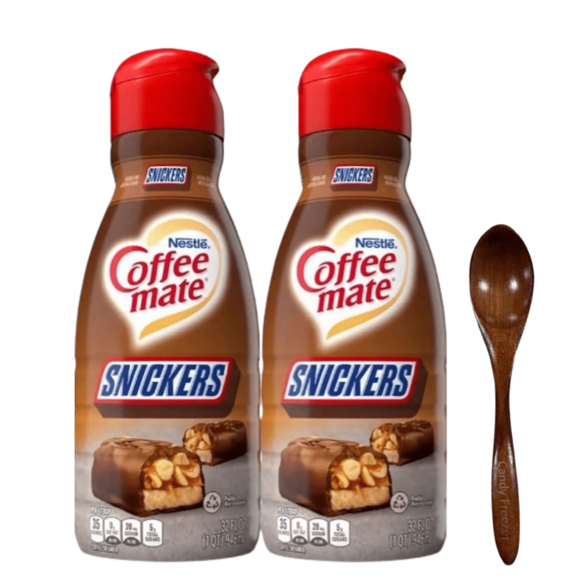 Candy Freezer Snickers Liquid Coffee Creamer Bundle - Two (2) 32Fl oz Bottles of Smooth and Creamy with Candy Freezer Wooden Spo