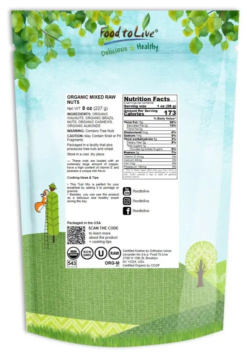 Organic Mixed Raw Nuts, 0.5 Pounds â€” Non-GMO, Kosher, Raw, Vegan â€” by Food to Live thumbnail 2