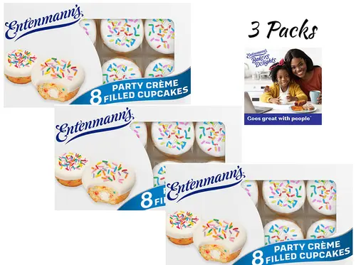 Entenmann's Baker's Delights Party Creme Filled Cupcakes, 8 count, Soft Vanilla Cupcakes, 12.7 oz Box (3 Packs)