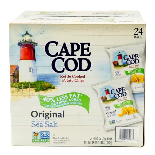 Cape Cod Kettle Cooked Potato Chips, Original Flavor, 40% Reduced Fat, 24 - 0.75 oz Bags.