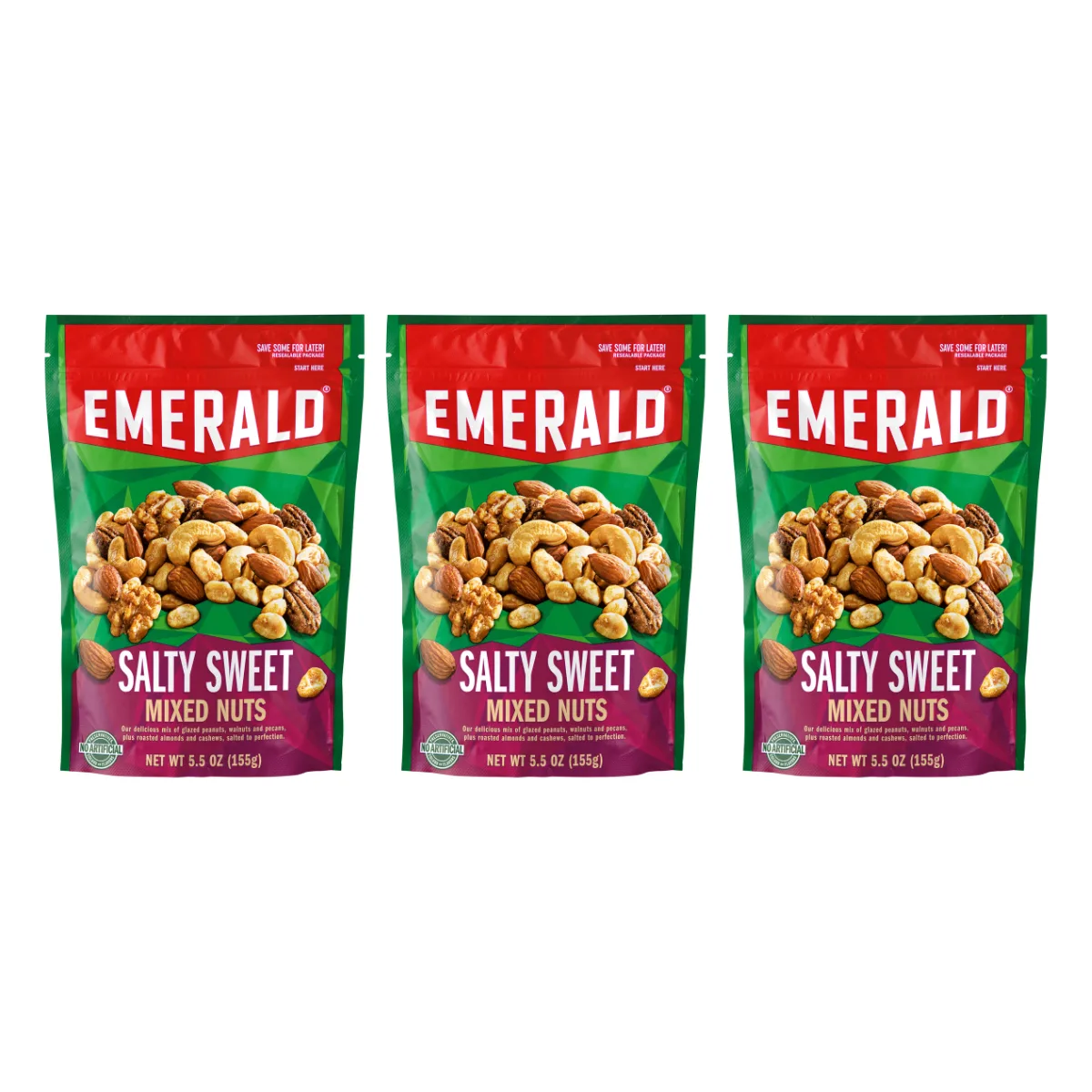 Emerald Nuts Salty Sweet Mixed Nuts, Features Kettle Glazed Peanuts, Almonds, Cashews, Kettle Glazed Walnuts, Kettle Glazed Peca