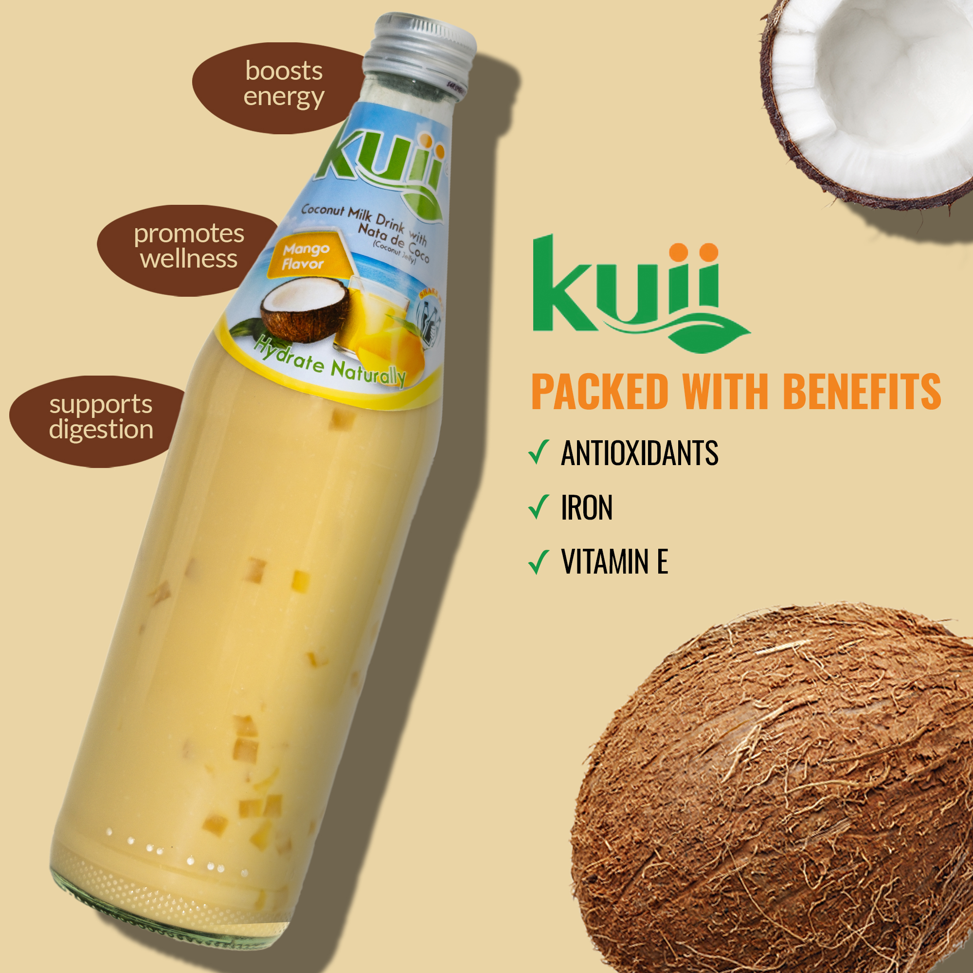 Kuii Drinks Coconut Milk with Nata de Coco, Strawberry, 290mL thumbnail 3