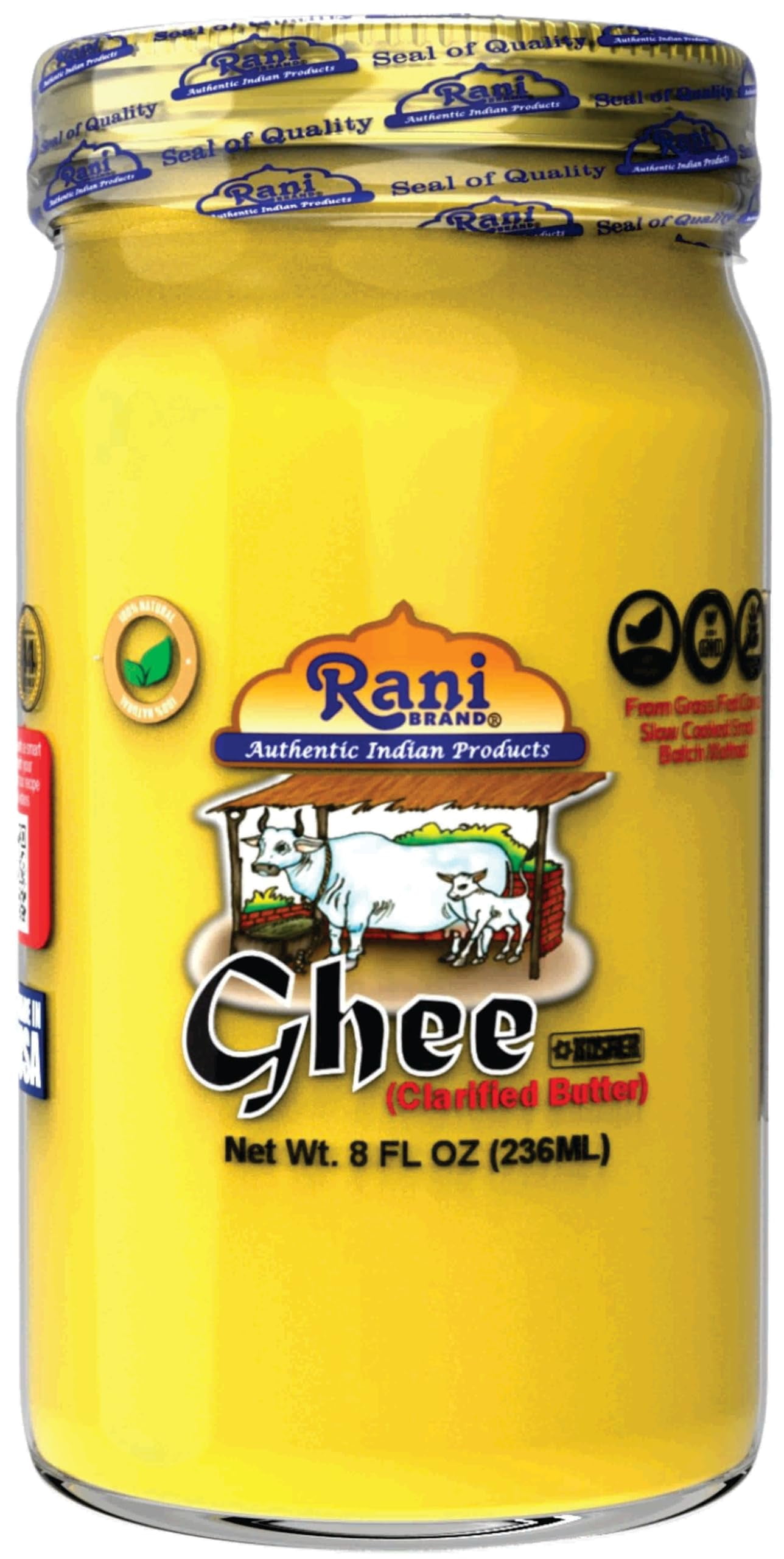 Rani Ghee Pure & Natural from Grass Fed Cows (Clarified Butter) 8oz (227g) ~ Glass Jar | Paleo Friendly | Keto Friendly | Gl