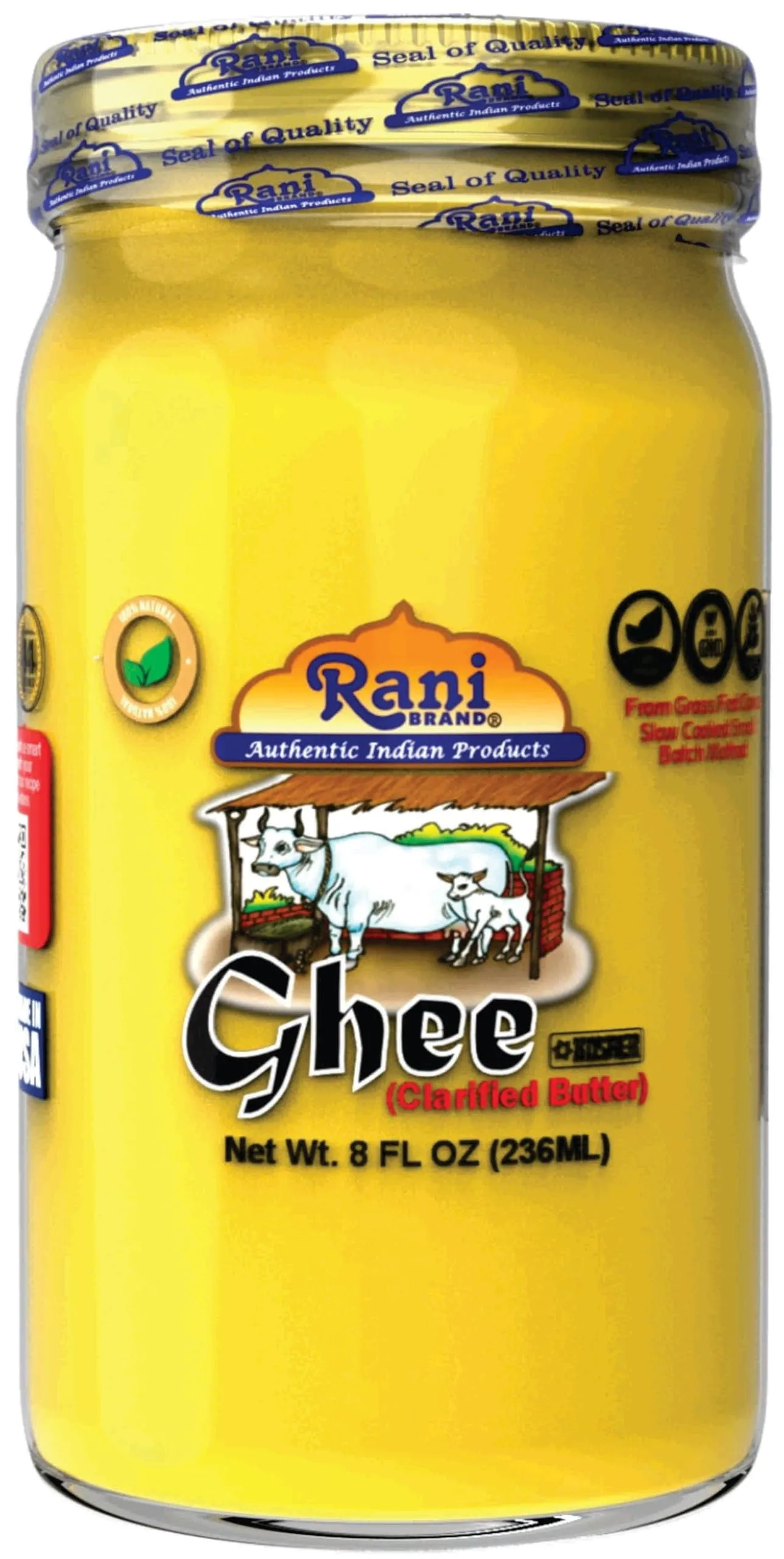 Rani Ghee Pure & Natural from Grass Fed Cows (Clarified Butter) 8oz (227g) ~ Glass Jar | Paleo Friendly | Keto Friendly | Gl