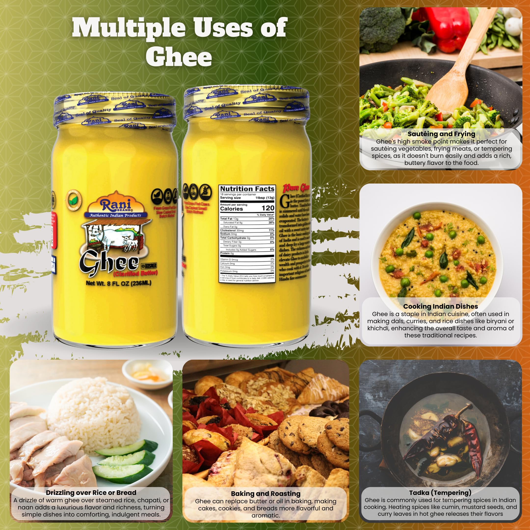 Rani Ghee Pure & Natural from Grass Fed Cows (Clarified Butter) 8oz (227g) ~ Glass Jar | Paleo Friendly | Keto Friendly | Gl thumbnail 2