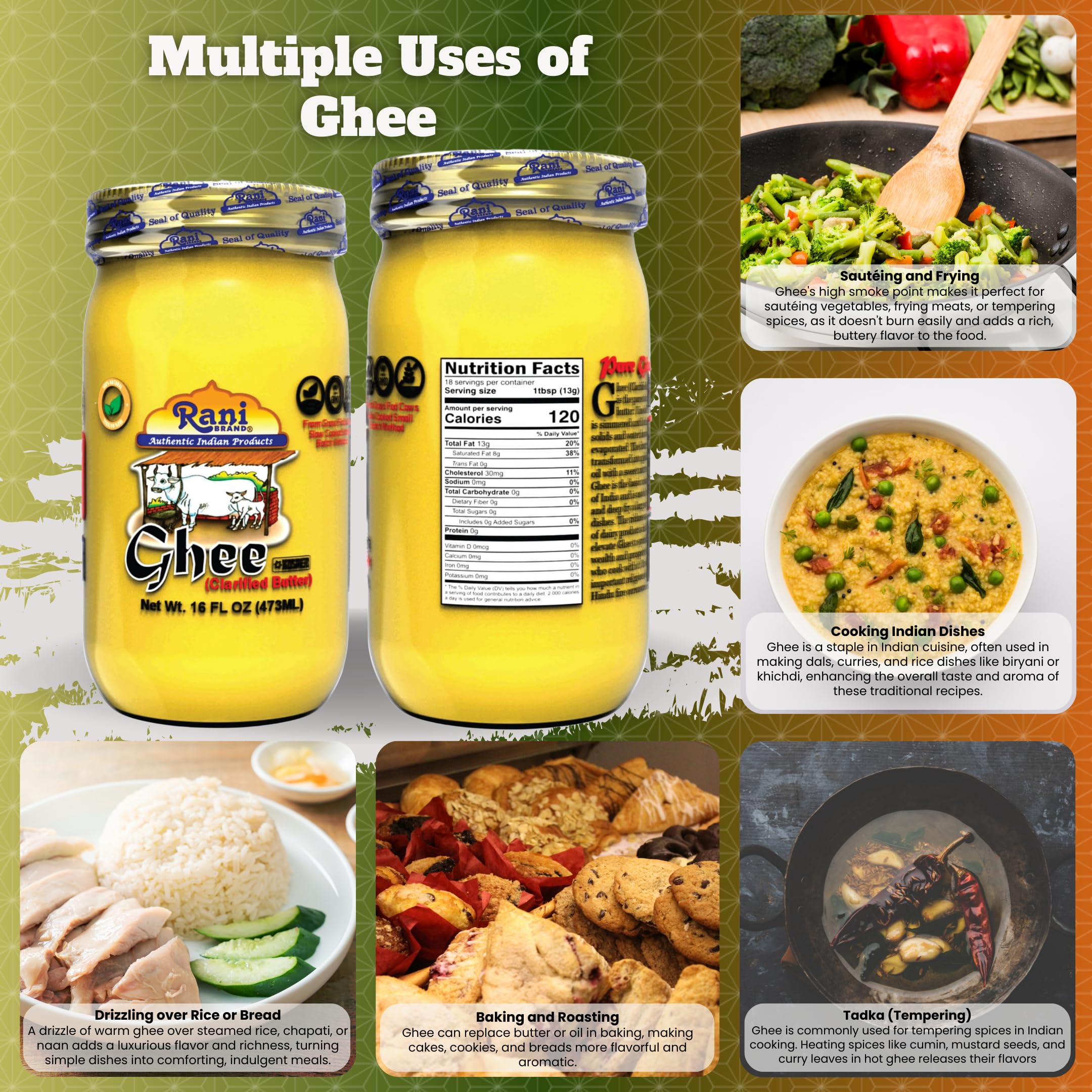 Rani Ghee Pure & Natural from Grass Fed Cows (Clarified Butter) 1lb (16oz) ~ Glass Jar | Paleo Friendly | Keto Friendly | Gl thumbnail 2