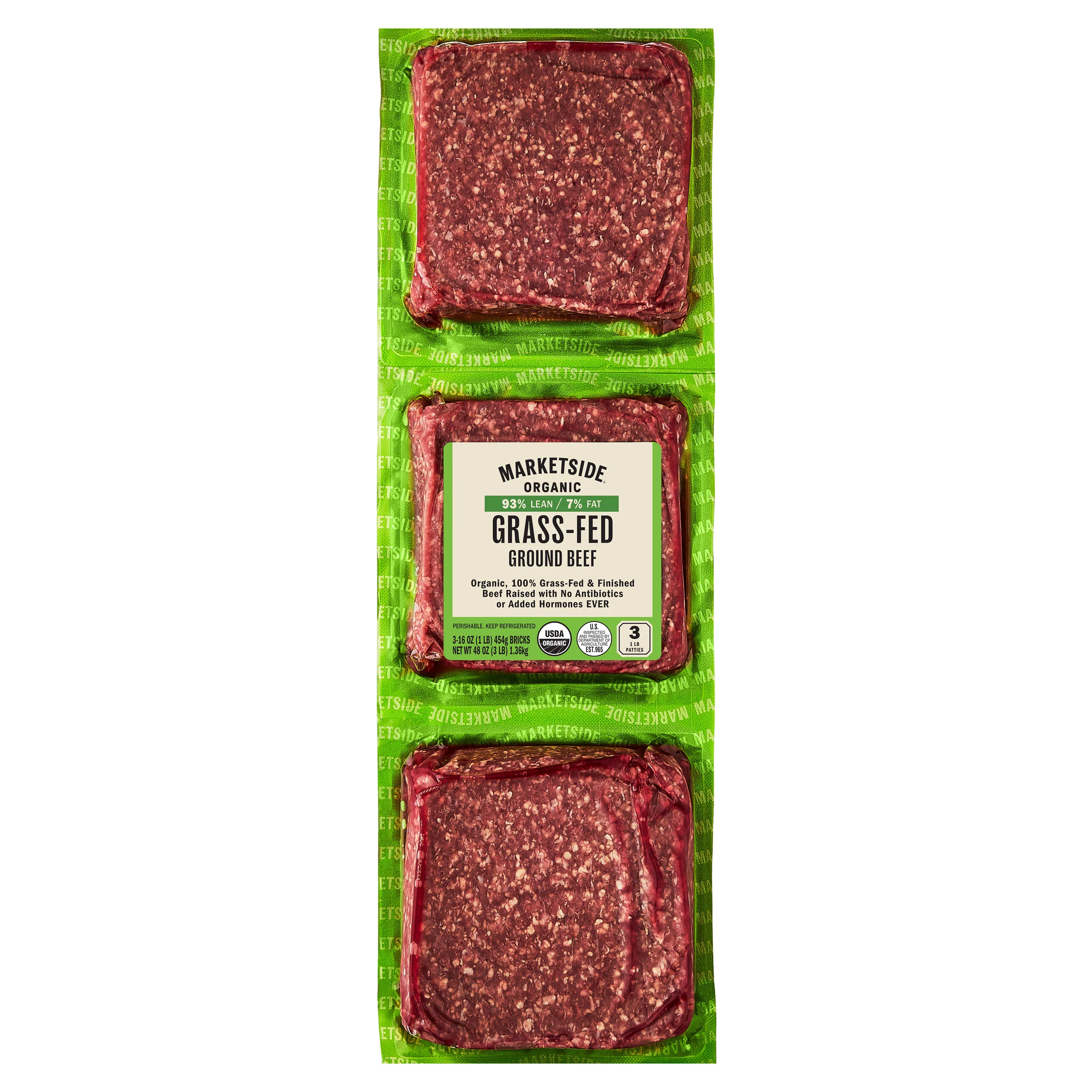 Marketside Organic Grass-Fed Ground Beef, 93% Lean/ 7% Fat, 1 lb, 3 Count