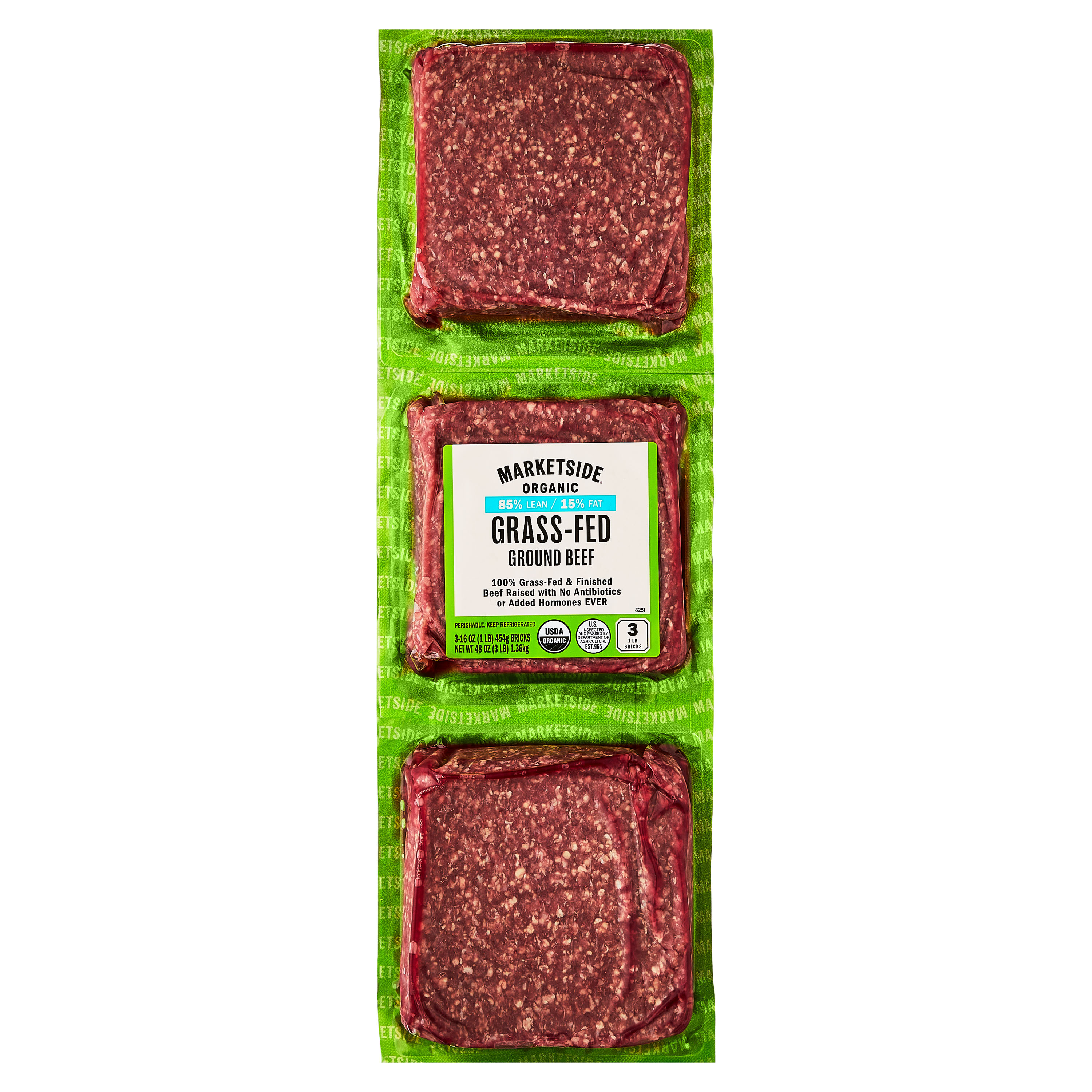 Marketside Organic Grass-Fed Ground Beef, 85% Lean/15% Fat, 1 lb, 3 Count