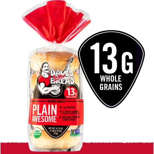 Dave's Killer Bread Plain Awesome Organic Bagels, 16.75 oz, 5 Ct., Shelf-Stable - Pack Of 2