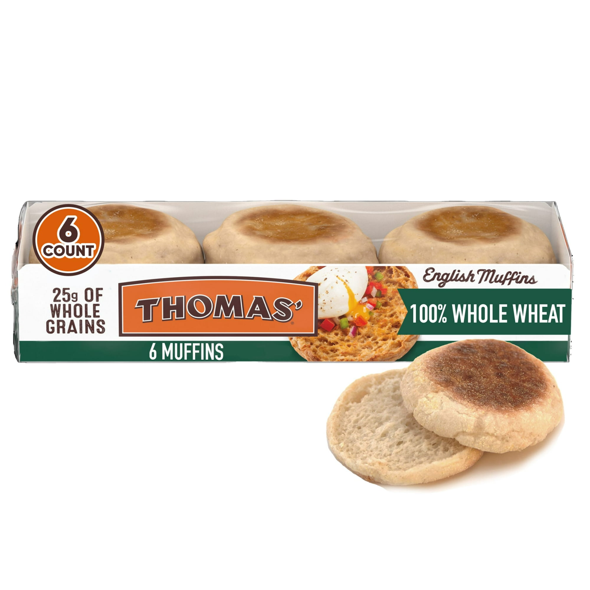 Thomas' Whole Wheat English Muffins, 6 count, Soft English Muffins, 12 oz Tray - Pack Of 2