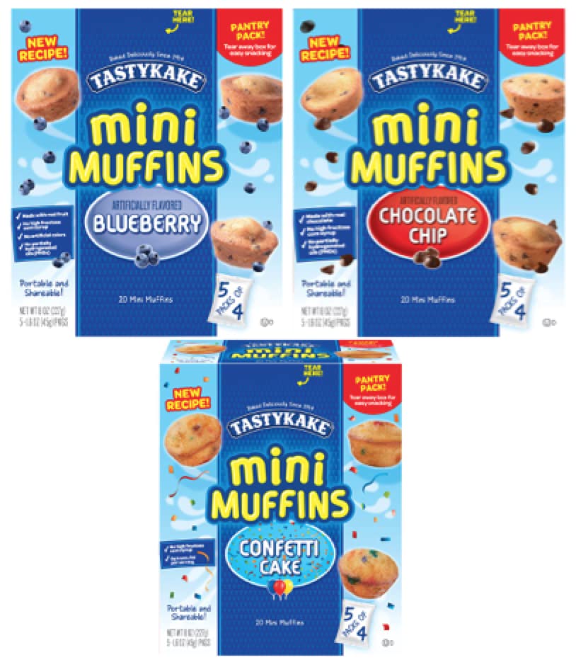 TastyKake Mini Muffins Variety Pack, Chocolate Chip, Confetti, Blueberry, 5 Pouches per Box, 8 Oz, 8.0 Oz - 3 Pack