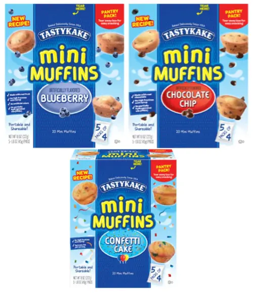 TastyKake Mini Muffins Variety Pack, Chocolate Chip, Confetti, Blueberry, 5 Pouches per Box, 8 Oz, 8.0 Oz - 3 Pack