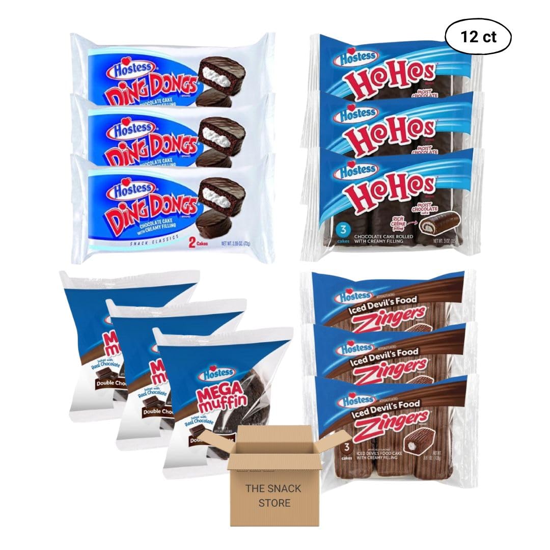 The Snack Store Variety Pack | Hostess DingDongs Chocolate, HoHos Chocolate, Mega Muffin Double Chocolate, and Iced Devil's Food